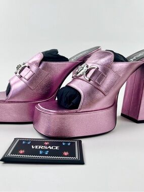 Versace Authentic  Metallic Pink Platform Mule Heels